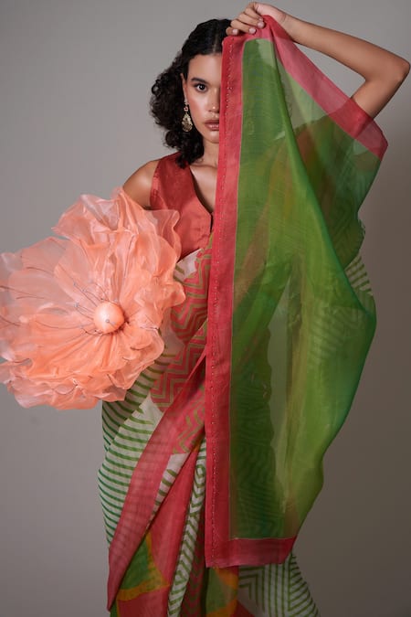 Shop Priti Prashant Multi Color Silk Organza Beads Keshi Printed Saree With Unstitched Blouse Piece Online at Aza Fashions Shop_Priti Prashant_Multi Color Silk Organza Beads Keshi Printed Saree With Unstitched Blouse Piece _Online_at_Aza_Fashions