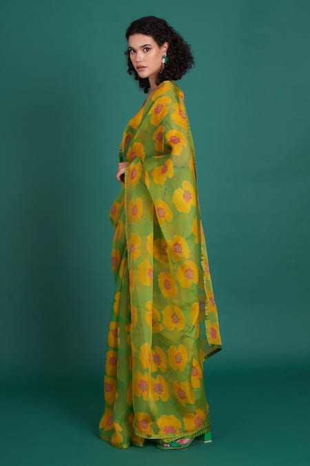 Priti Prashant Green Silk Organza Beads Ume Poppy Print Saree With Unstitched Blouse Piece Online at Aza Fashions Priti Prashant_Green Silk Organza Beads Ume Poppy Print Saree With Unstitched Blouse Piece _Online_at_Aza_Fashions