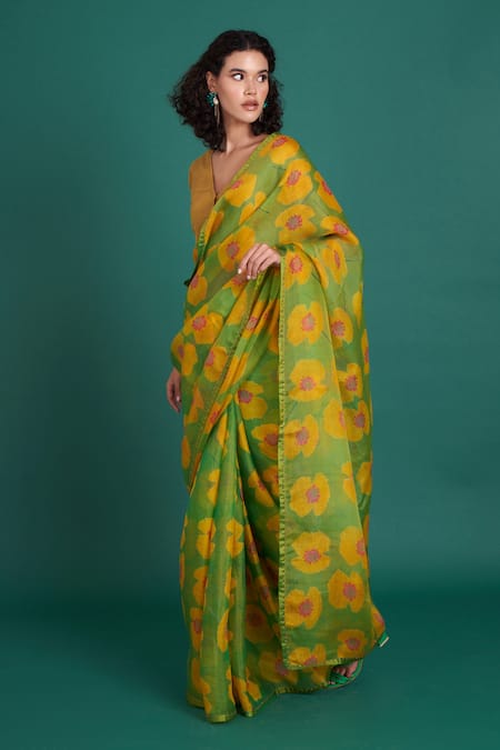 Buy Priti Prashant Green Silk Organza Beads Ume Poppy Print Saree With Unstitched Blouse Piece Online at Aza Fashions Buy_Priti Prashant_Green Silk Organza Beads Ume Poppy Print Saree With Unstitched Blouse Piece _Online_at_Aza_Fashions