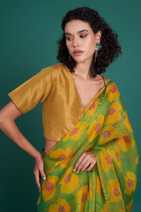 Shop Priti Prashant Green Silk Organza Beads Ume Poppy Print Saree With Unstitched Blouse Piece Online at Aza Fashions Shop_Priti Prashant_Green Silk Organza Beads Ume Poppy Print Saree With Unstitched Blouse Piece _Online_at_Aza_Fashions