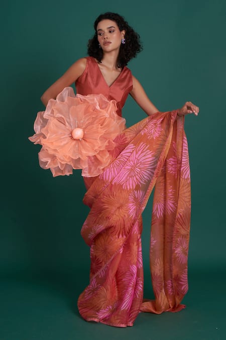 Shop Priti Prashant Orange Silk Organza Himawari Sunflower Print Saree With Unstitched Blouse Piece at Aza Fashions Shop_Priti Prashant_Orange Silk Organza Himawari Sunflower Print Saree With Unstitched Blouse Piece _at_Aza_Fashions
