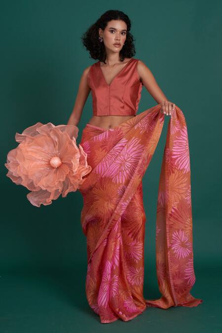 Priti Prashant Orange Silk Organza Himawari Sunflower Print Saree With Unstitched Blouse Piece Online at Aza Fashions Priti Prashant_Orange Silk Organza Himawari Sunflower Print Saree With Unstitched Blouse Piece _Online_at_Aza_Fashions