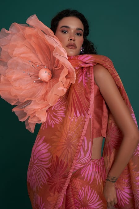 Buy Priti Prashant Orange Silk Organza Himawari Sunflower Print Saree With Unstitched Blouse Piece Online at Aza Fashions Buy_Priti Prashant_Orange Silk Organza Himawari Sunflower Print Saree With Unstitched Blouse Piece _Online_at_Aza_Fashions