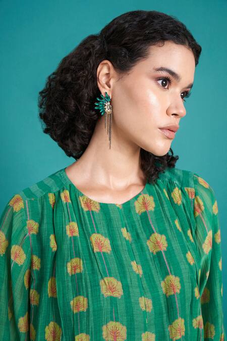 Shop_Priti Prashant_Green Cotton, Silk Embroidery Round Neck Bela Floral Vine Print Kurta And Pant _Online_at_Aza_Fashions
