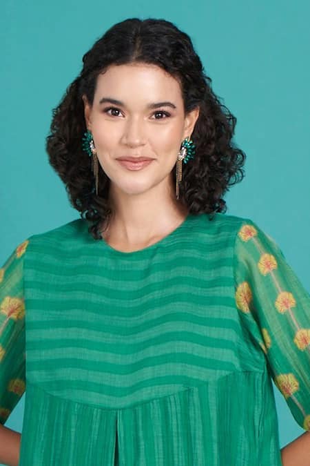 Buy_Priti Prashant_Green Cotton, Silk Round Neck Abeer Striped Print Kurta And Pant Set _Online_at_Aza_Fashions