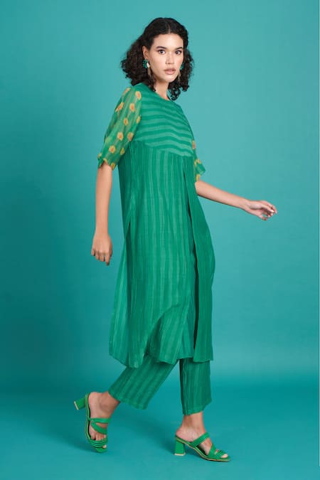 Shop_Priti Prashant_Green Cotton, Silk Round Neck Abeer Striped Print Kurta And Pant Set _Online_at_Aza_Fashions