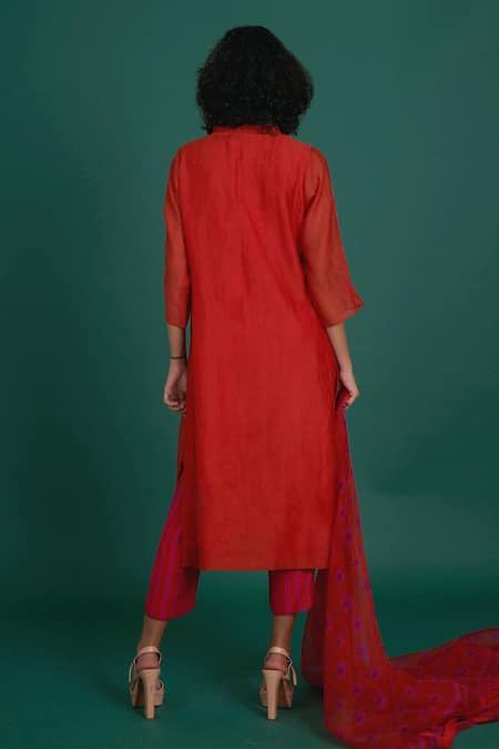 Shop Priti Prashant Red Cotton, , Organza Tassels, Embroidery Orina Smocked Kurta Pant Set at Aza Fashions Shop_Priti Prashant_Red Cotton, , Organza Tassels, Embroidery Orina Smocked Kurta Pant Set _at_Aza_Fashions