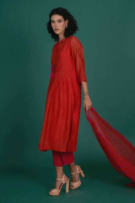 Priti Prashant Red Cotton, , Organza Tassels, Embroidery Orina Smocked Kurta Pant Set Online at Aza Fashions Priti Prashant_Red Cotton, , Organza Tassels, Embroidery Orina Smocked Kurta Pant Set _Online_at_Aza_Fashions