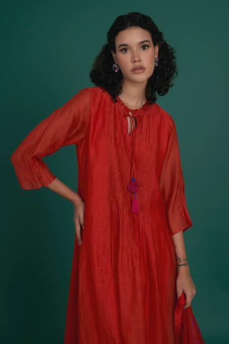 Buy Priti Prashant Red Cotton, , Organza Tassels, Embroidery Orina Smocked Kurta Pant Set Online at Aza Fashions Buy_Priti Prashant_Red Cotton, , Organza Tassels, Embroidery Orina Smocked Kurta Pant Set _Online_at_Aza_Fashions