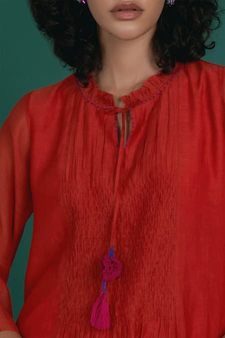 Shop Priti Prashant Red Cotton, , Organza Tassels, Embroidery Orina Smocked Kurta Pant Set Online at Aza Fashions Shop_Priti Prashant_Red Cotton, , Organza Tassels, Embroidery Orina Smocked Kurta Pant Set _Online_at_Aza_Fashions