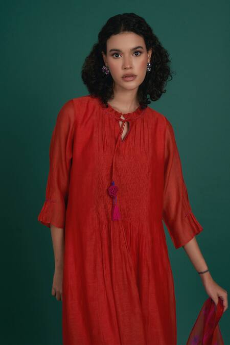 Priti Prashant Red Cotton, , Organza Tassels, Embroidery Orina Smocked Kurta Pant Set at Aza Fashions Priti Prashant_Red Cotton, , Organza Tassels, Embroidery Orina Smocked Kurta Pant Set _at_Aza_Fashions