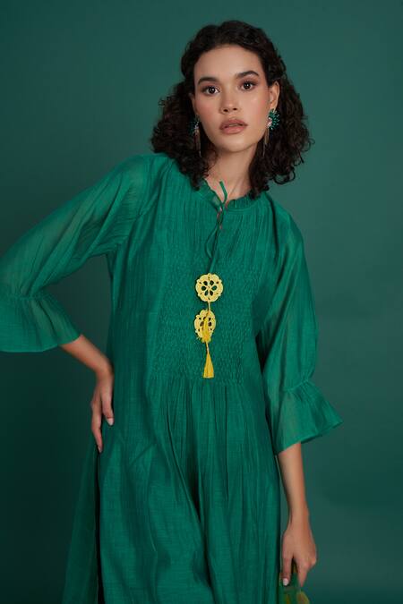 Buy Priti Prashant Emerald Green Cotton, , Orina Smocked Kurta Set With Printed Dupatta Online at Aza Fashions Buy_Priti Prashant_Emerald Green Cotton, , Orina Smocked Kurta Set With Printed Dupatta _Online_at_Aza_Fashions