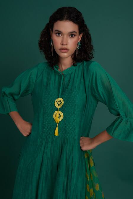 Shop Priti Prashant Emerald Green Cotton, , Orina Smocked Kurta Set With Printed Dupatta Online at Aza Fashions Shop_Priti Prashant_Emerald Green Cotton, , Orina Smocked Kurta Set With Printed Dupatta _Online_at_Aza_Fashions