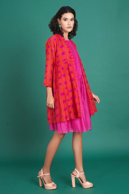 Priti Prashant_Red Cotton, Silk Embroidery Round Neck Zina Floral Print Jacket And Dress Set _Online_at_Aza_Fashions