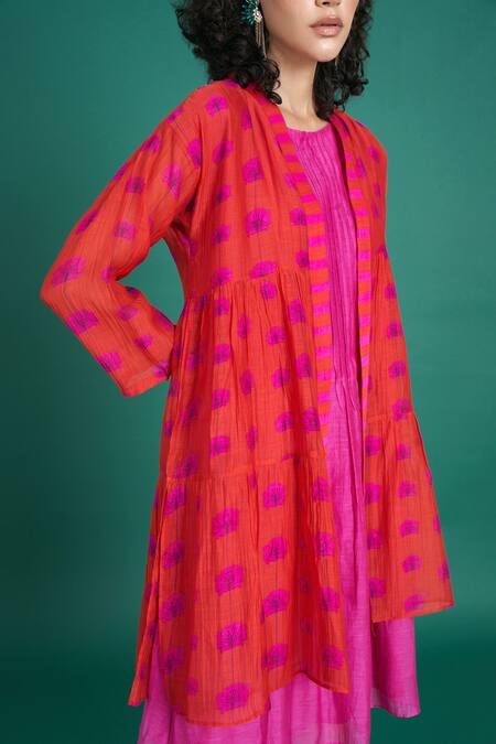 Buy_Priti Prashant_Red Cotton, Silk Embroidery Round Neck Zina Floral Print Jacket And Dress Set _Online_at_Aza_Fashions