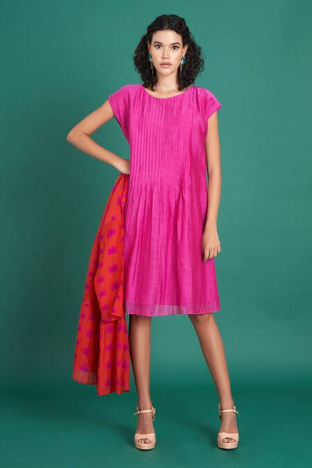 Shop_Priti Prashant_Red Cotton, Silk Embroidery Round Neck Zina Floral Print Jacket And Dress Set _Online_at_Aza_Fashions