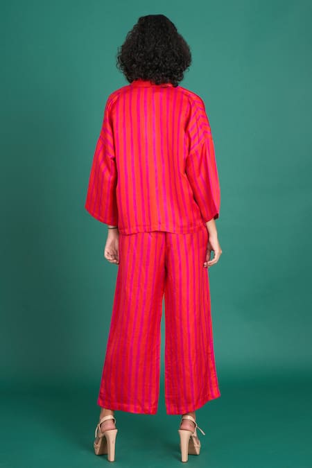 Shop Priti Prashant Red Silk, Satin Open Neck Zina Striped Jacket And Pant Set at Aza Fashions Shop_Priti Prashant_Red Silk, Satin Open Neck Zina Striped Jacket And Pant Set _at_Aza_Fashions