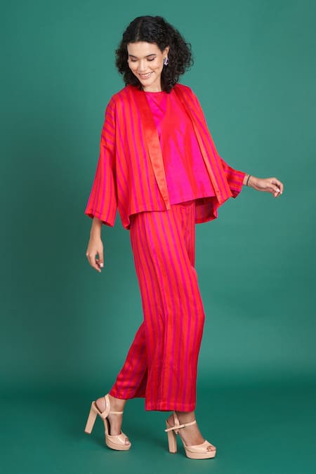Priti Prashant Red Silk, Satin Open Neck Zina Striped Jacket And Pant Set Online at Aza Fashions Priti Prashant_Red Silk, Satin Open Neck Zina Striped Jacket And Pant Set _Online_at_Aza_Fashions