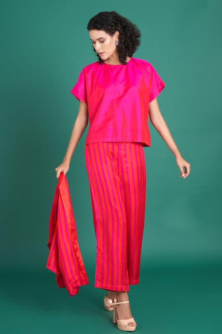 Buy Priti Prashant Red Silk, Satin Open Neck Zina Striped Jacket And Pant Set Online at Aza Fashions Buy_Priti Prashant_Red Silk, Satin Open Neck Zina Striped Jacket And Pant Set _Online_at_Aza_Fashions