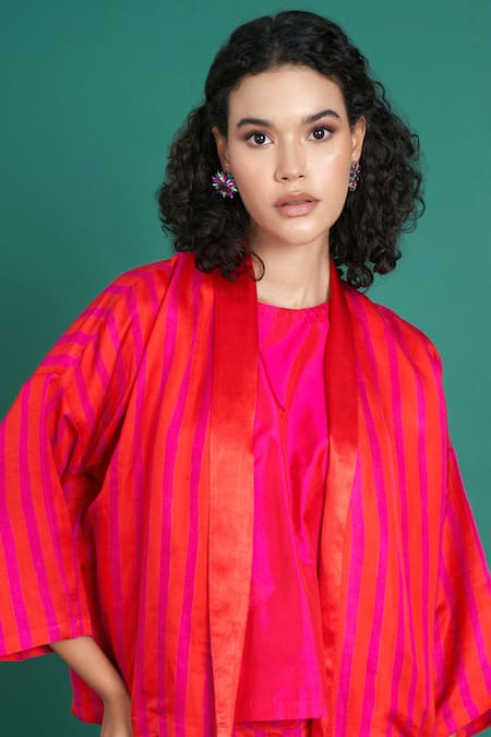 Shop Priti Prashant Red Silk, Satin Open Neck Zina Striped Jacket And Pant Set Online at Aza Fashions Shop_Priti Prashant_Red Silk, Satin Open Neck Zina Striped Jacket And Pant Set _Online_at_Aza_Fashions