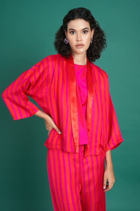 Priti Prashant Red Silk, Satin Open Neck Zina Striped Jacket And Pant Set at Aza Fashions Priti Prashant_Red Silk, Satin Open Neck Zina Striped Jacket And Pant Set _at_Aza_Fashions