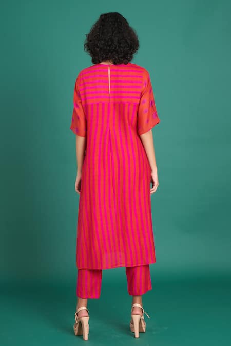 Shop_Priti Prashant_Red Cotton, Silk Embroidery Round Neck Abeer Striped Print Kurta With Pant _at_Aza_Fashions