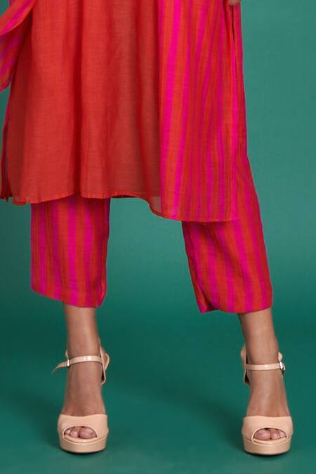 Buy_Priti Prashant_Red Cotton, Silk Embroidery Round Neck Abeer Striped Print Kurta With Pant _Online_at_Aza_Fashions