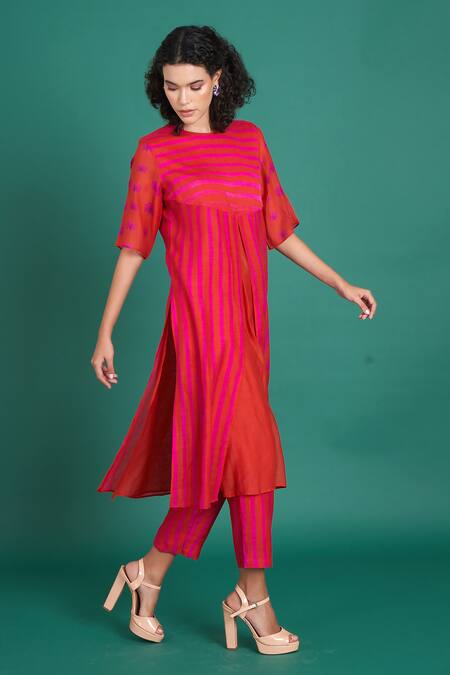 Shop_Priti Prashant_Red Cotton, Silk Embroidery Round Neck Abeer Striped Print Kurta With Pant _Online_at_Aza_Fashions