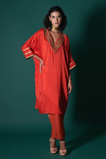 Buy Priti Prashant Orange Silk, Tissue Lace V-neck Hana Embroidered Kaftan Kurta And Pant Set Online at Aza Fashions Buy_Priti Prashant_Orange Silk, Tissue Lace V-neck Hana Embroidered Kaftan Kurta And Pant Set _Online_at_Aza_Fashions