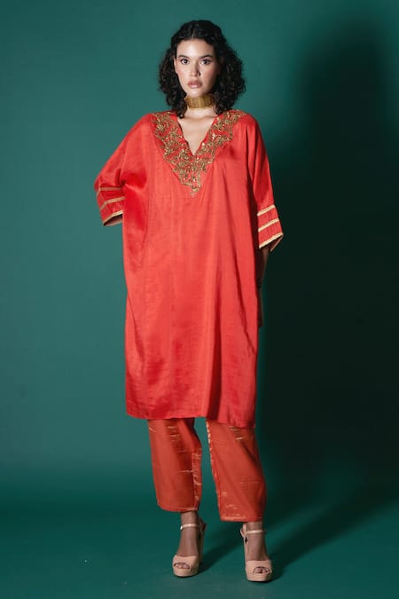 Shop Priti Prashant Orange Silk, Tissue Lace V-neck Hana Embroidered Kaftan Kurta And Pant Set Online at Aza Fashions Shop_Priti Prashant_Orange Silk, Tissue Lace V-neck Hana Embroidered Kaftan Kurta And Pant Set _Online_at_Aza_Fashions