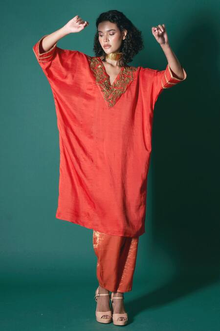 Priti Prashant Orange Silk, Tissue Lace V-neck Hana Embroidered Kaftan Kurta And Pant Set at Aza Fashions Priti Prashant_Orange Silk, Tissue Lace V-neck Hana Embroidered Kaftan Kurta And Pant Set _at_Aza_Fashions