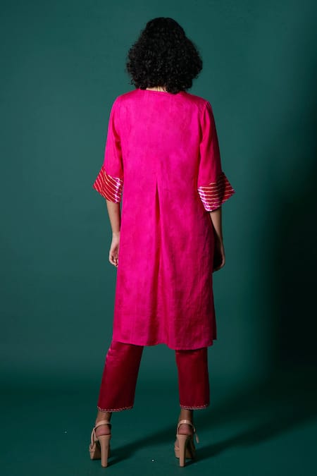 Shop Priti Prashant Pink Silk, Tissue Embroidery, Zari V-neck Jess Yoke Kurta And Pant Set at Aza Fashions Shop_Priti Prashant_Pink Silk, Tissue Embroidery, Zari V-neck Jess Yoke Kurta And Pant Set _at_Aza_Fashions