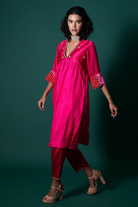 Buy Priti Prashant Pink Silk, Tissue Embroidery, Zari V-neck Jess Yoke Kurta And Pant Set Online at Aza Fashions Buy_Priti Prashant_Pink Silk, Tissue Embroidery, Zari V-neck Jess Yoke Kurta And Pant Set _Online_at_Aza_Fashions