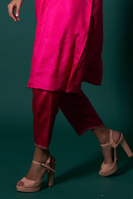 Shop Priti Prashant Pink Silk, Tissue Embroidery, Zari V-neck Jess Yoke Kurta And Pant Set Online at Aza Fashions Shop_Priti Prashant_Pink Silk, Tissue Embroidery, Zari V-neck Jess Yoke Kurta And Pant Set _Online_at_Aza_Fashions