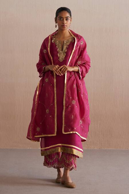 Buy_Weaver Story_Pink Organza Sequins, Gota Patti, Embroidery Meheroo Nalki Kurta Pant Set _Online_at_Aza_Fashions