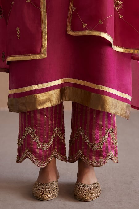 Weaver Story_Pink Organza Sequins, Gota Patti, Embroidery Meheroo Nalki Kurta Pant Set _at_Aza_Fashions