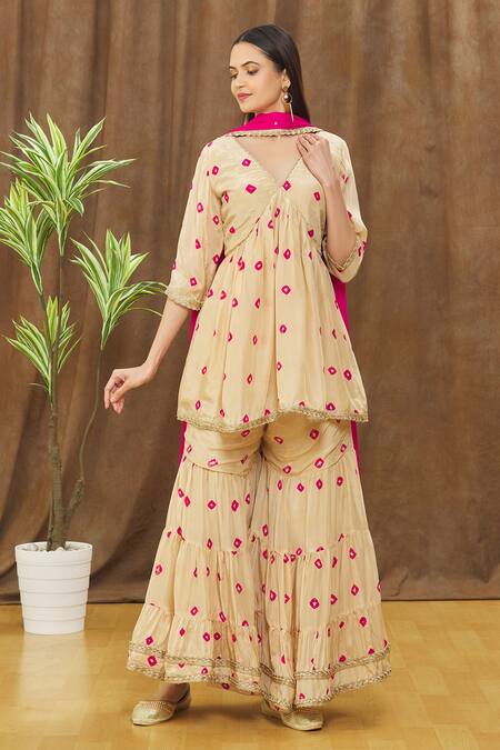 Shop_Samyukta Singhania_Gold Kurta And Sharara Silk Bandhani V Neck Pattern Set_Online_at_Aza_Fashions