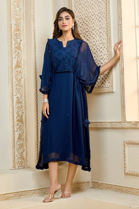 Shop_Ariyana By Aza_Blue Viscose, Modal Sequins Split V-neck Embroidered Kaftan 