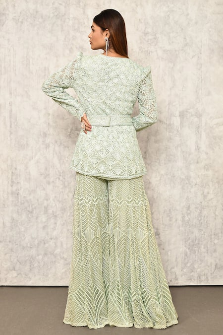 Shop_Ritika Mirchandani_Blue Crepe Embroidery Thread V Neck Kurta And Sharara Set  _at_Aza_Fashions