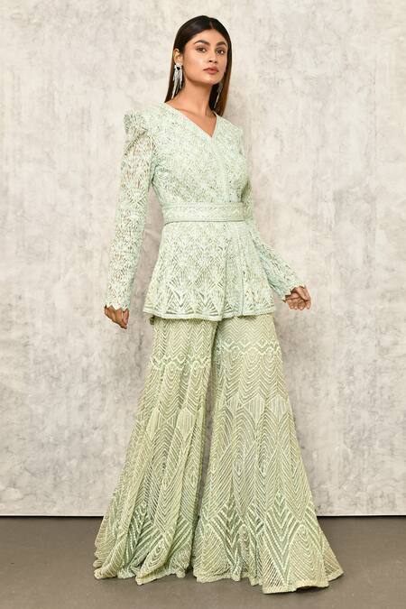 Ritika Mirchandani_Blue Crepe Embroidery Thread V Neck Kurta And Sharara Set  _Online_at_Aza_Fashions