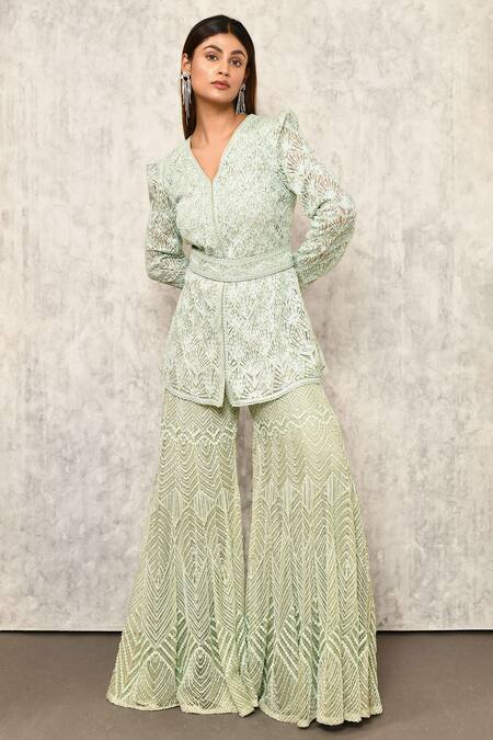 Buy_Ritika Mirchandani_Blue Crepe Embroidery Thread V Neck Kurta And Sharara Set  _Online_at_Aza_Fashions