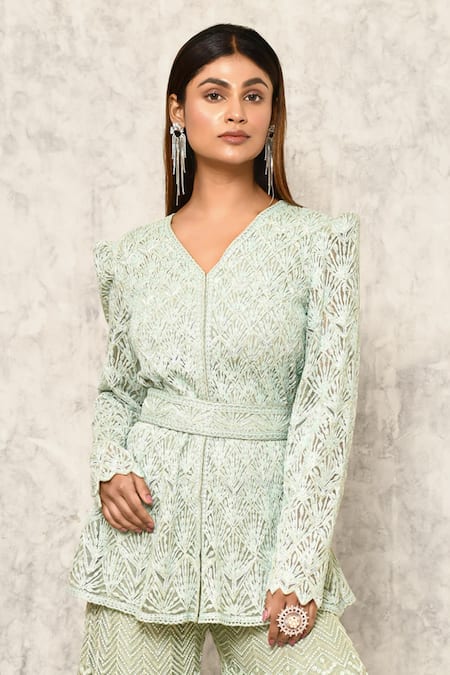 Ritika Mirchandani Blue Crepe Embroidery Thread V Neck Kurta And Sharara Set at Aza Fashions Ritika Mirchandani_Blue Crepe Embroidery Thread V Neck Kurta And Sharara Set _at_Aza_Fashions