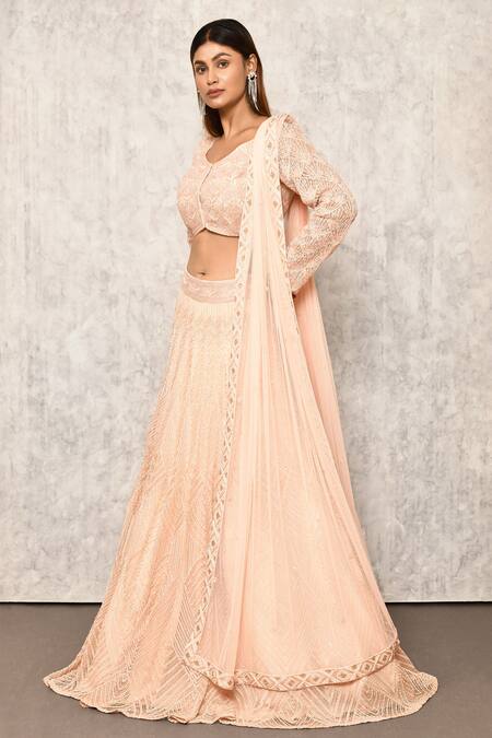 Buy_Ritika Mirchandani_Pink Crepe Embroidery Sequin V Neck Bridal Lehenga Set  _Online_at_Aza_Fashions