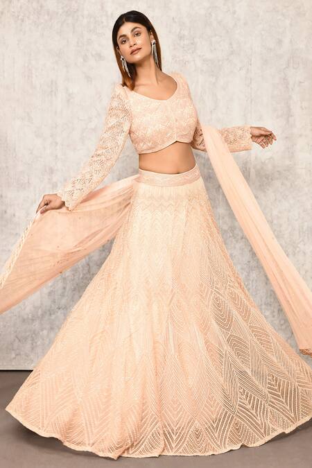 Shop_Ritika Mirchandani_Pink Crepe Embroidery Sequin V Neck Bridal Lehenga Set  _Online_at_Aza_Fashions