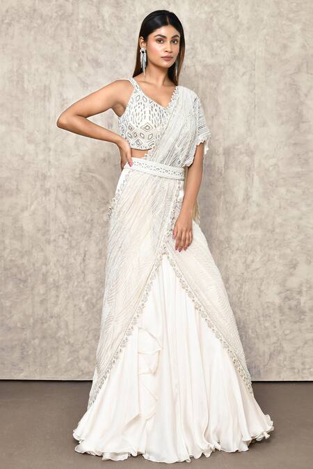 Buy_Ritika Mirchandani_Ivory Crepe Embroidery Thread Leaf Neck Lehenga Saree With Blouse  _Online_at_Aza_Fashions