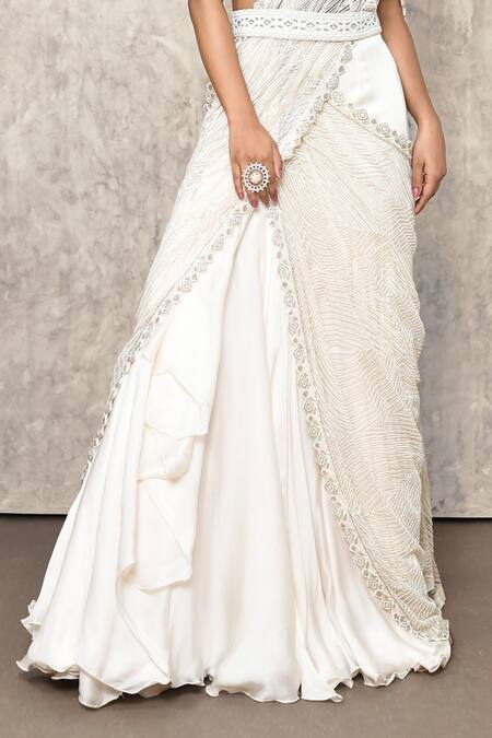Ritika Mirchandani Ivory Crepe Embroidery Thread Leaf Neck Lehenga Saree With Blouse at Aza Fashions Ritika Mirchandani_Ivory Crepe Embroidery Thread Leaf Neck Lehenga Saree With Blouse _at_Aza_Fashions