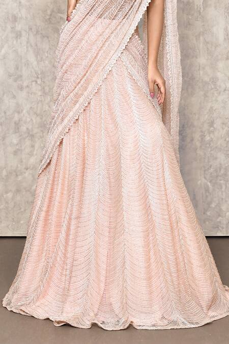 Shop Ritika Mirchandani Pink Crepe Embroidery Thread Leaf Scallop Lehenga Saree With Blouse Online at Aza Fashions Shop_Ritika Mirchandani_Pink Crepe Embroidery Thread Leaf Scallop Lehenga Saree With Blouse _Online_at_Aza_Fashions