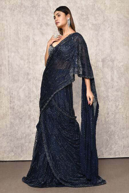Ritika Mirchandani_Blue Net, Crepe, Denim, Georgette Embroidery Chevron Lehenga Saree With Blouse _Online_at_Aza_Fashions