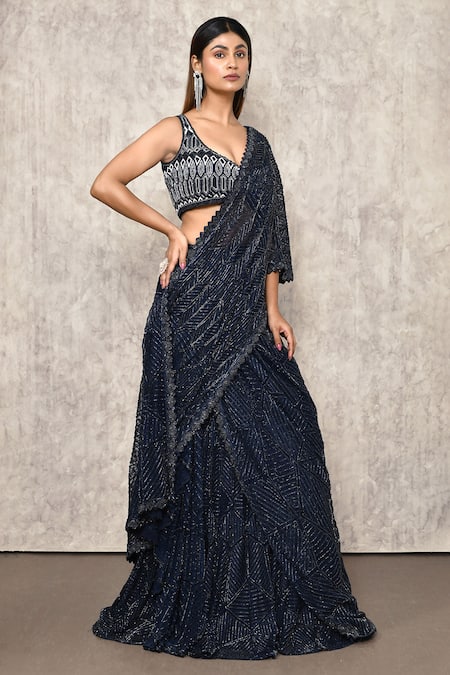 Buy_Ritika Mirchandani_Blue Net, Crepe, Denim, Georgette Embroidery Chevron Lehenga Saree With Blouse _Online_at_Aza_Fashions