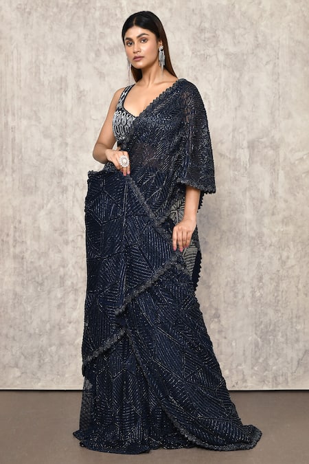 Shop_Ritika Mirchandani_Blue Net, Crepe, Denim, Georgette Embroidery Chevron Lehenga Saree With Blouse _Online_at_Aza_Fashions